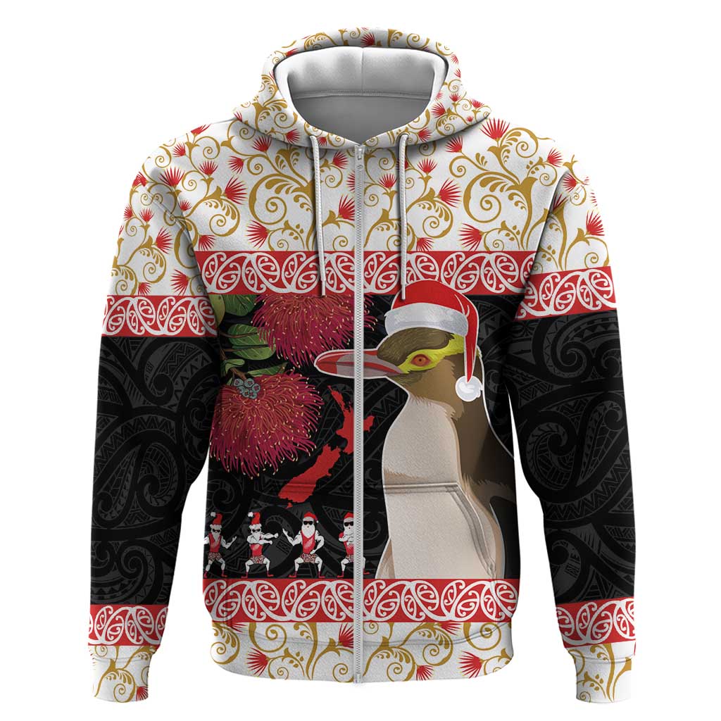 New Zealand Merry Christmas Zip Hoodie Hoiho Xmas - Haka Dance and Pohutukawa LT03 Zip Hoodie White - Polynesian Pride