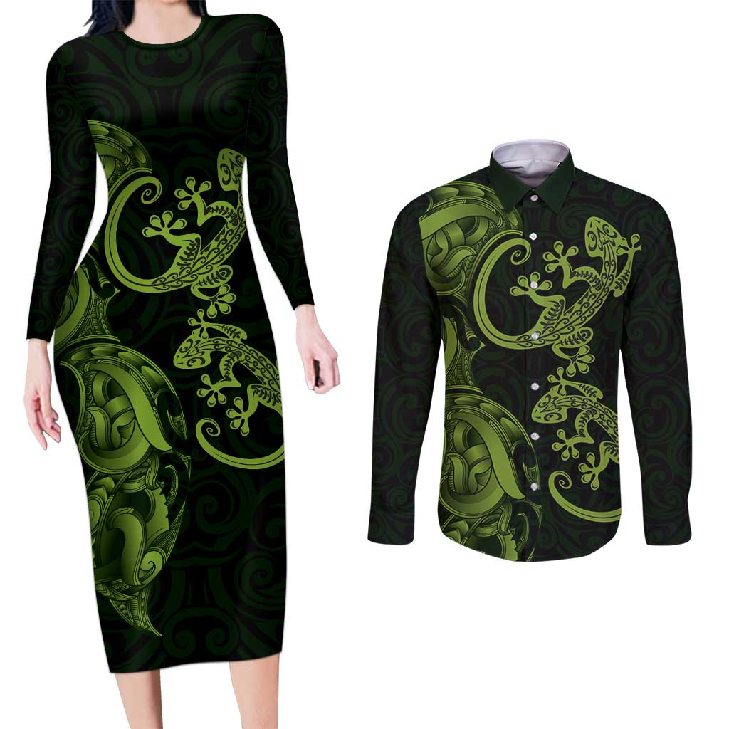 New Zealand Gecko Maori Art Tattoo Couples Matching Long Sleeve Bodycon Dress and Long Sleeve Button Shirt