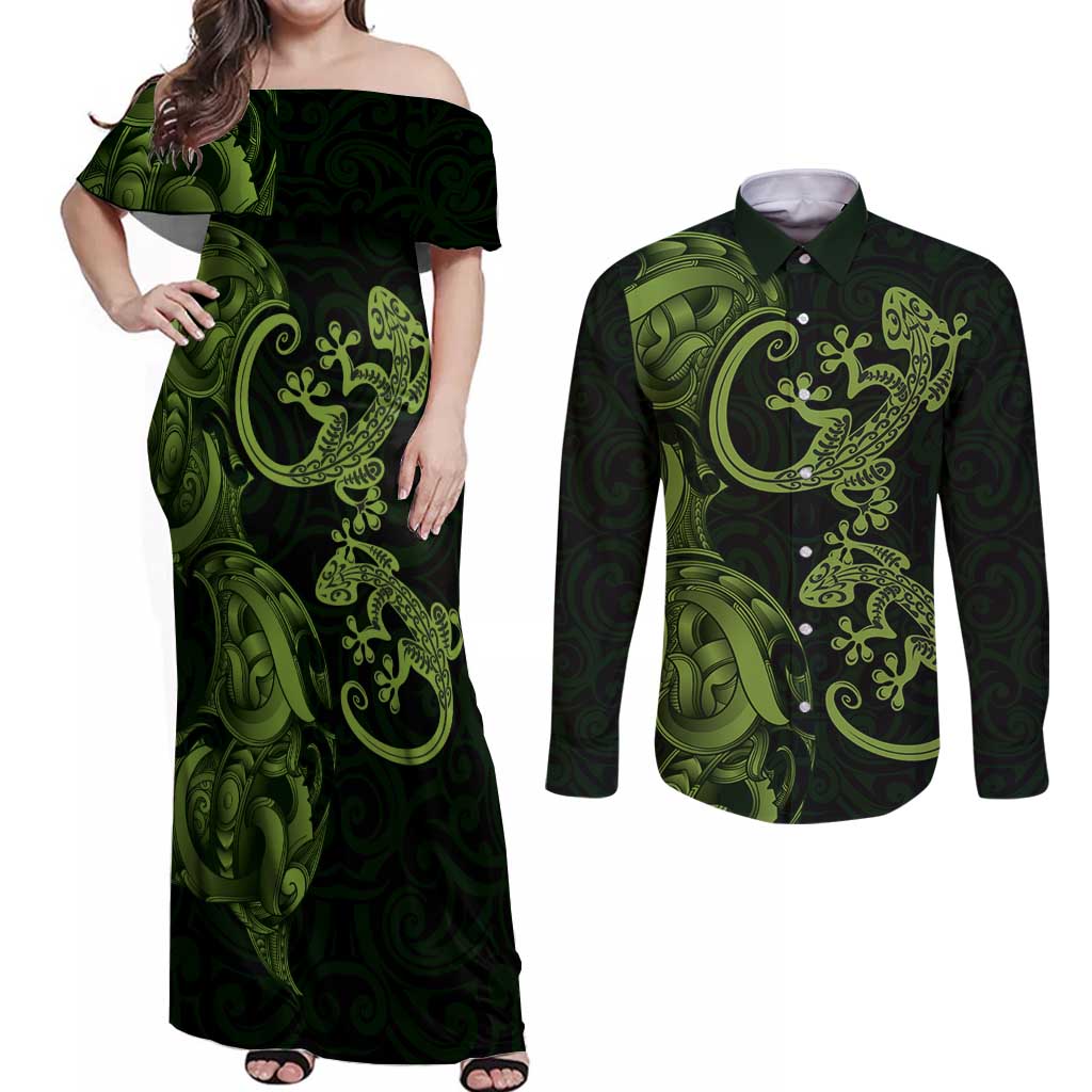 New Zealand Gecko Maori Art Tattoo Couples Matching Off Shoulder Maxi Dress and Long Sleeve Button Shirt LT03 Green - Polynesian Pride