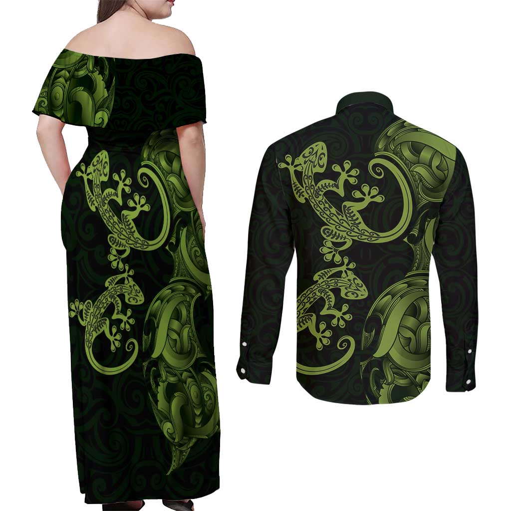 New Zealand Gecko Maori Art Tattoo Couples Matching Off Shoulder Maxi Dress and Long Sleeve Button Shirt