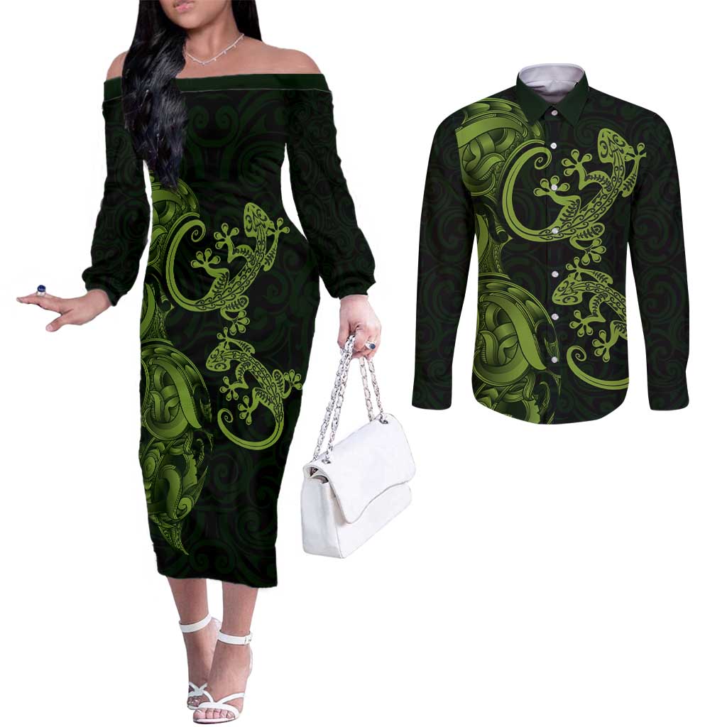 New Zealand Gecko Maori Art Tattoo Couples Matching Off The Shoulder Long Sleeve Dress and Long Sleeve Button Shirt LT03 Green - Polynesian Pride