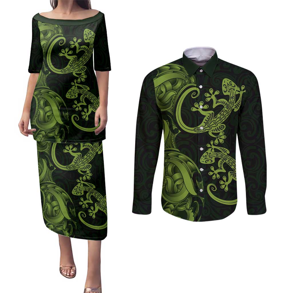New Zealand Gecko Maori Art Tattoo Couples Matching Puletasi and Long Sleeve Button Shirt LT03 Green - Polynesian Pride