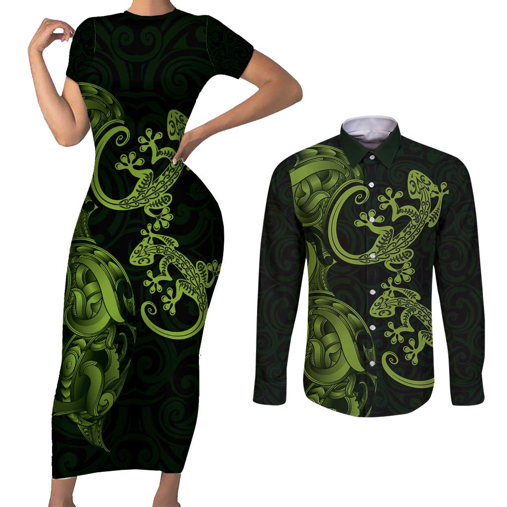 New Zealand Gecko Maori Art Tattoo Couples Matching Short Sleeve Bodycon Dress and Long Sleeve Button Shirt LT03 Green - Polynesian Pride
