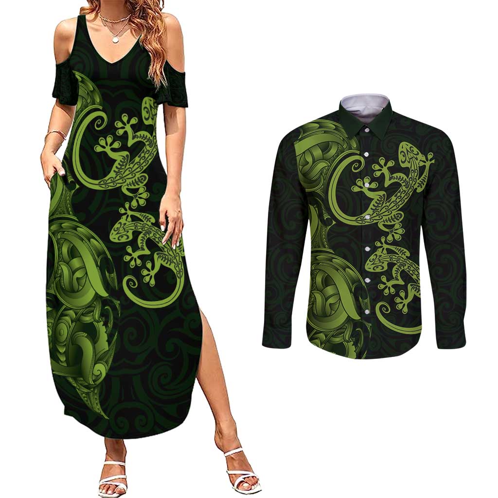 New Zealand Gecko Maori Art Tattoo Couples Matching Summer Maxi Dress and Long Sleeve Button Shirt LT03 Green - Polynesian Pride