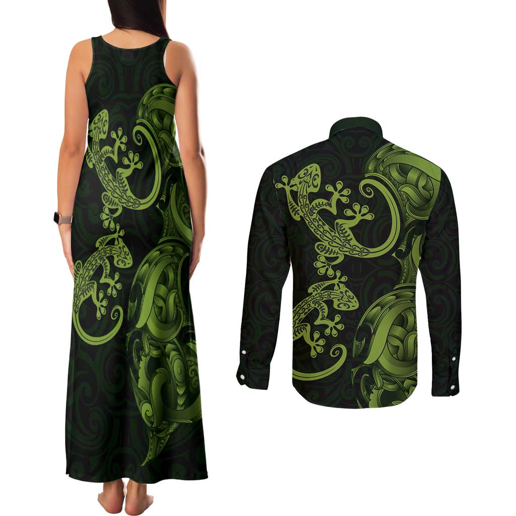 New Zealand Gecko Maori Art Tattoo Couples Matching Tank Maxi Dress and Long Sleeve Button Shirt
