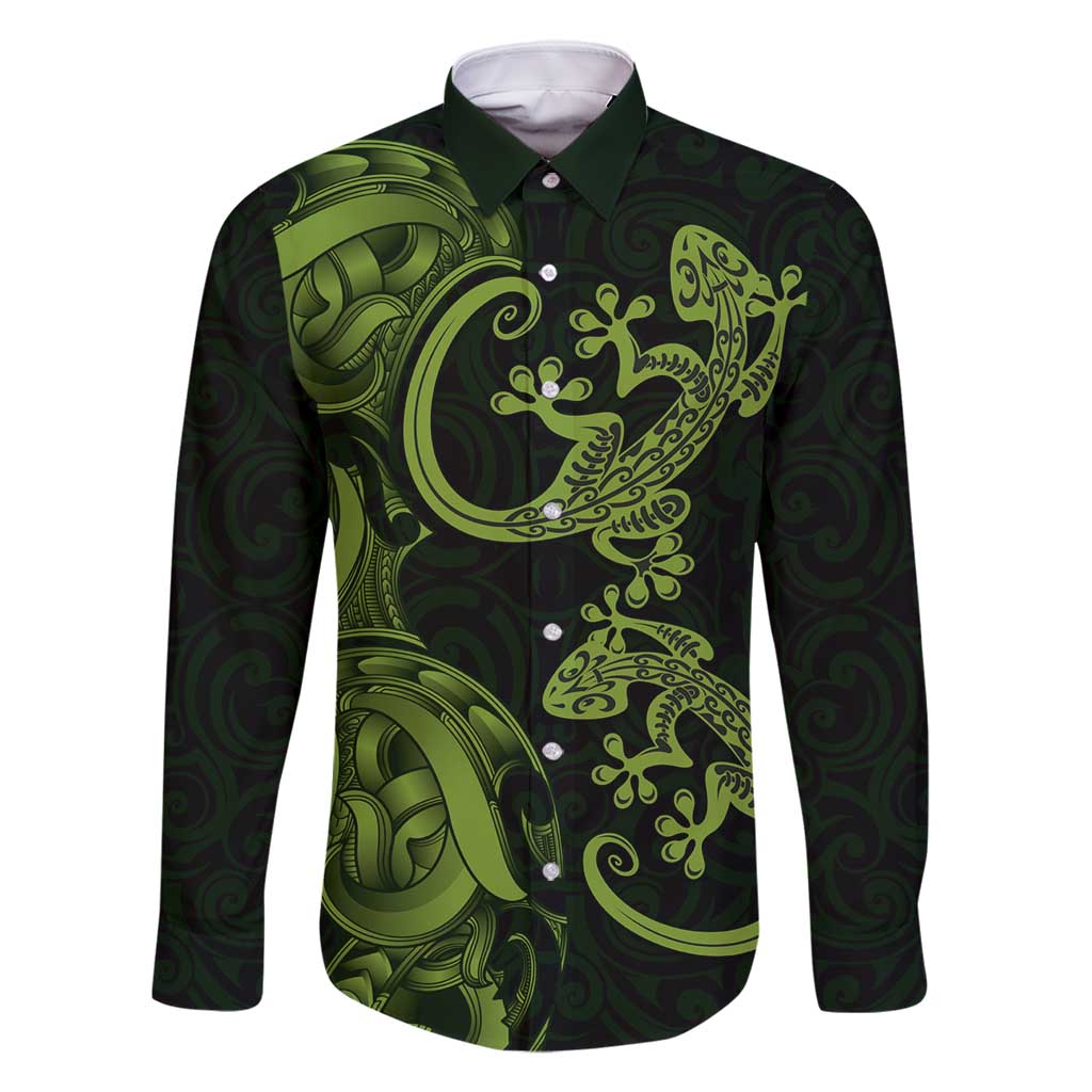 New Zealand Gecko Maori Art Tattoo Family Matching Mermaid Dress and Hawaiian Shirt LT03 Dad's Shirt - Long Sleeve Green - Polynesian Pride