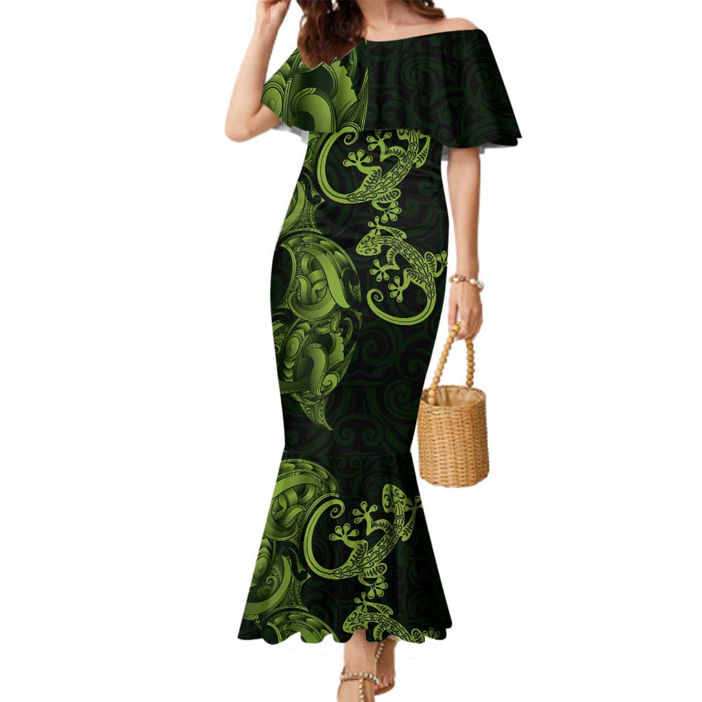 New Zealand Gecko Maori Art Tattoo Family Matching Mermaid Dress and Hawaiian Shirt LT03 Mom's Dress Green - Polynesian Pride