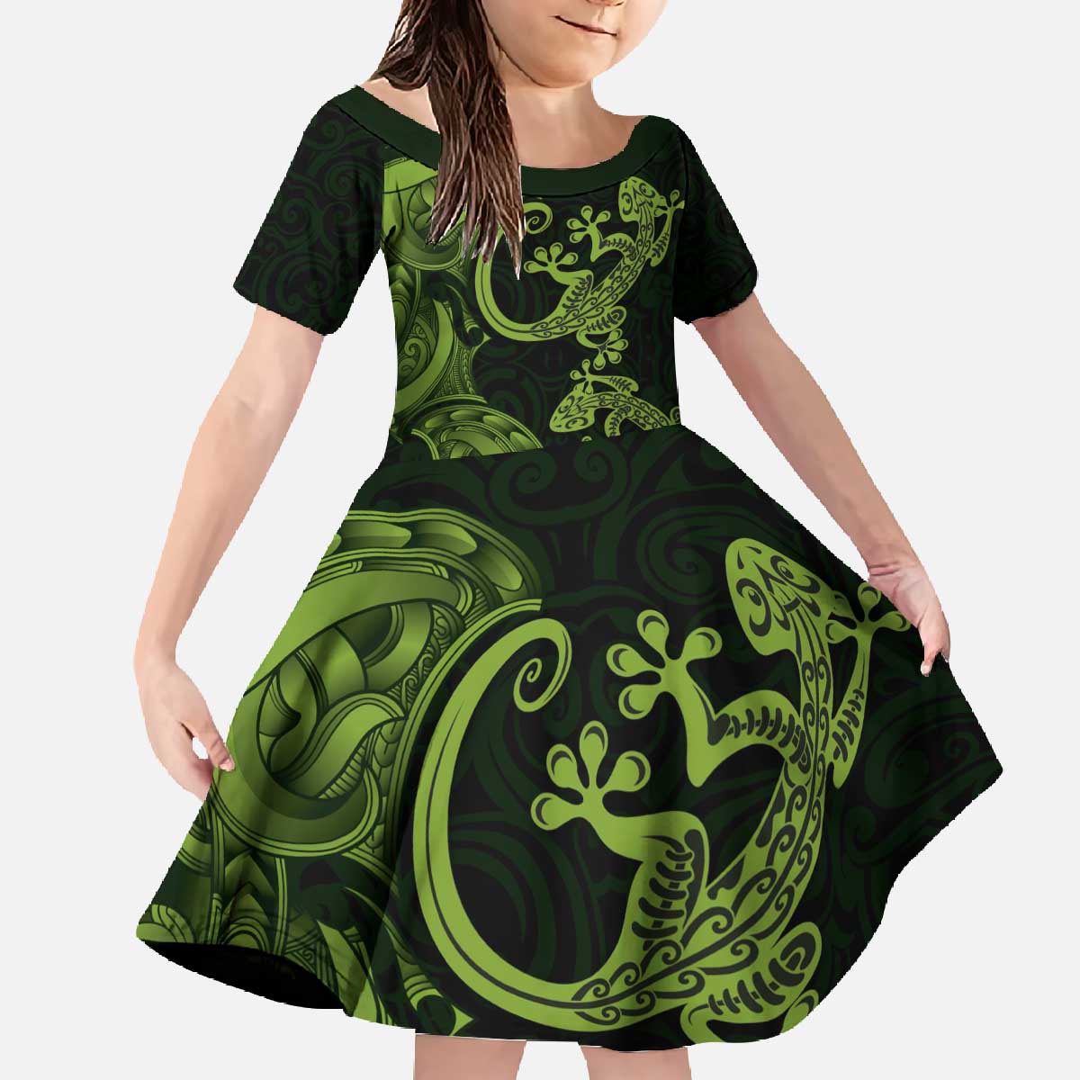 New Zealand Gecko Maori Art Tattoo Family Matching Off The Shoulder Long Sleeve Dress and Hawaiian Shirt LT03 Daughter's Dress Green - Polynesian Pride
