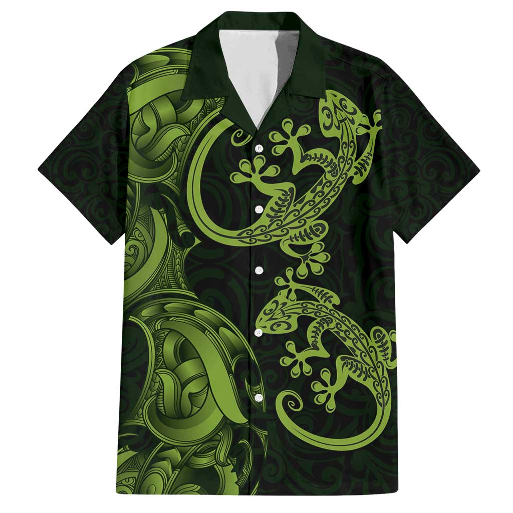 New Zealand Gecko Maori Art Tattoo Family Matching Tank Maxi Dress and Hawaiian Shirt LT03 Dad's Shirt - Short Sleeve Green - Polynesian Pride