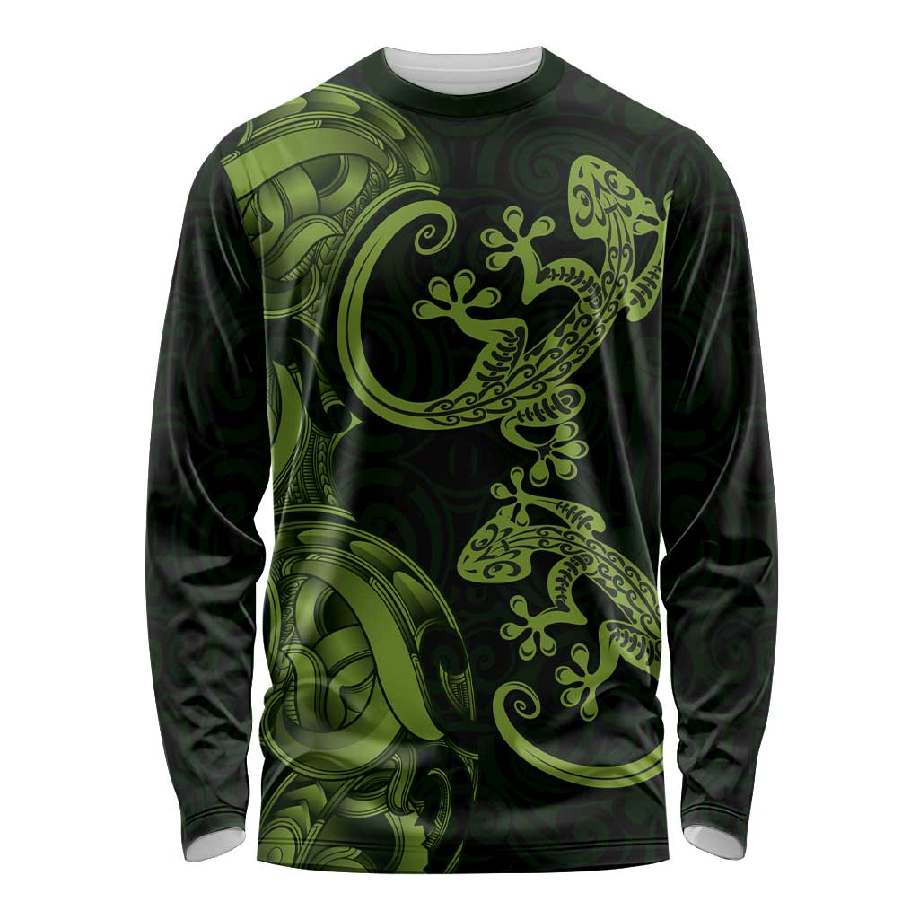 New Zealand Gecko Maori Art Tattoo Long Sleeve Shirt LT03 Unisex Green - Polynesian Pride