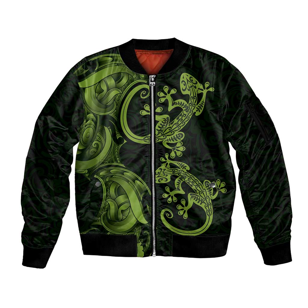 New Zealand Gecko Maori Art Tattoo Sleeve Zip Bomber Jacket LT03 Unisex Green - Polynesian Pride