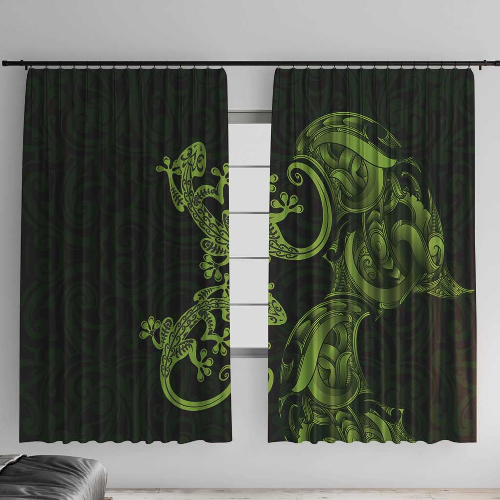 New Zealand Gecko Maori Art Tattoo Window Curtain LT03 With Hooks Green - Polynesian Pride
