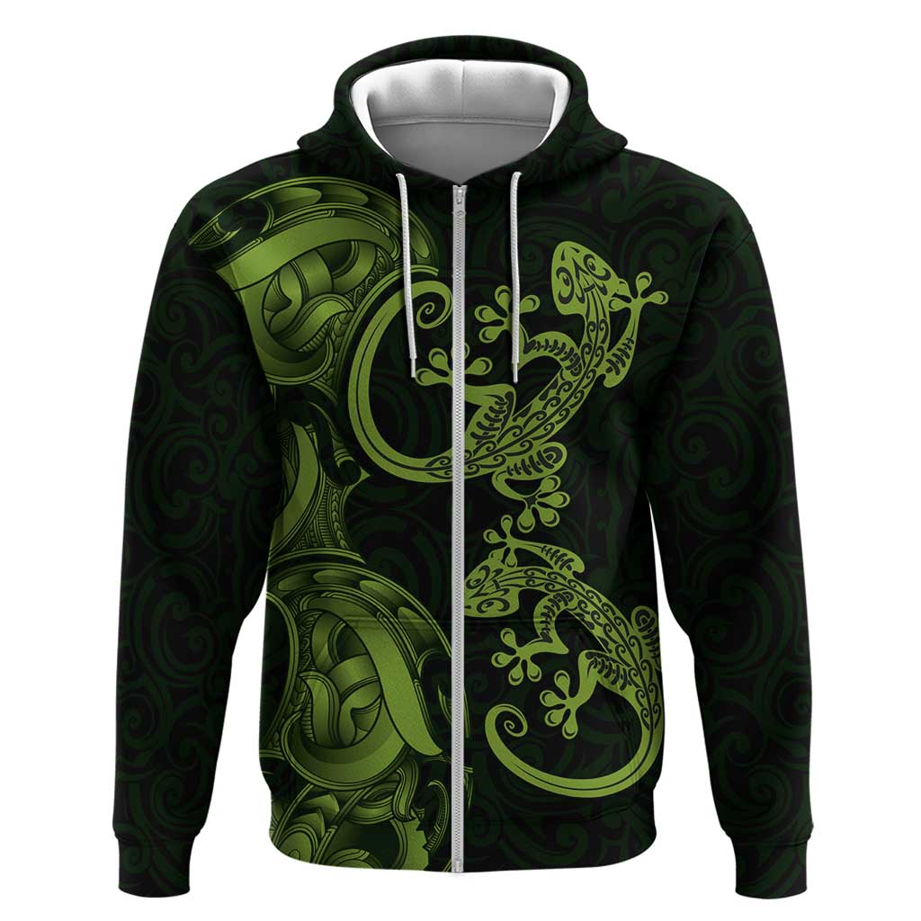 New Zealand Gecko Maori Art Tattoo Zip Hoodie LT03 Zip Hoodie Green - Polynesian Pride
