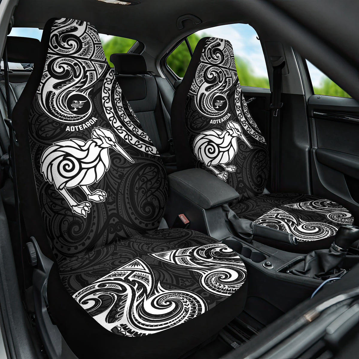 New Zealand Car Seat Cover Stylized Kiwi Bird Tattoo Mix Koru Circle and Maori Ethnic Vibe LT03 One Size Black - Polynesian Pride