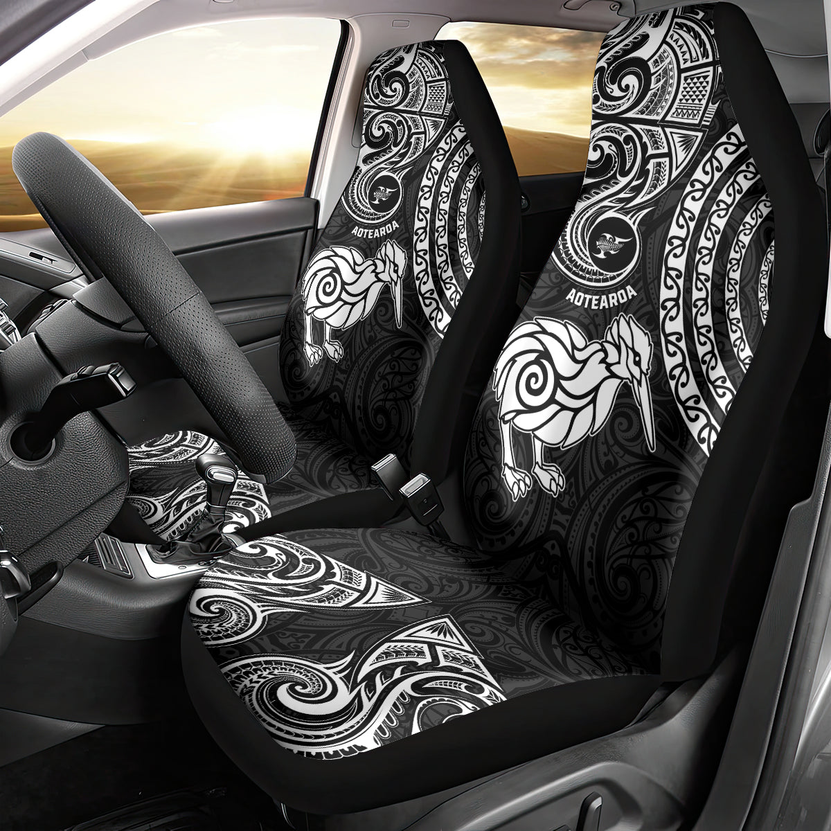 New Zealand Car Seat Cover Stylized Kiwi Bird Tattoo Mix Koru Circle and Maori Ethnic Vibe LT03 - Polynesian Pride