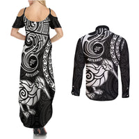 New Zealand Couples Matching Summer Maxi Dress and Long Sleeve Button Shirt Stylized Kiwi Bird Tattoo Mix Koru Circle and Maori Ethnic Vibe LT03 - Polynesian Pride