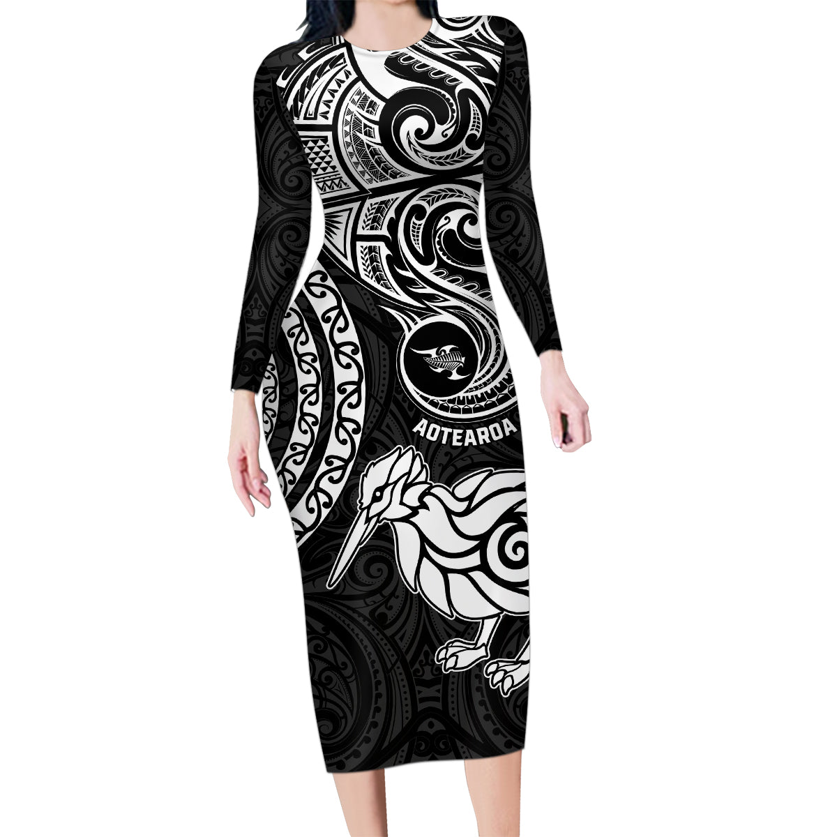 New Zealand Family Matching Long Sleeve Bodycon Dress and Hawaiian Shirt Stylized Kiwi Bird Tattoo Mix Koru Circle and Maori Ethnic Vibe LT03 Mom's Dress Black - Polynesian Pride