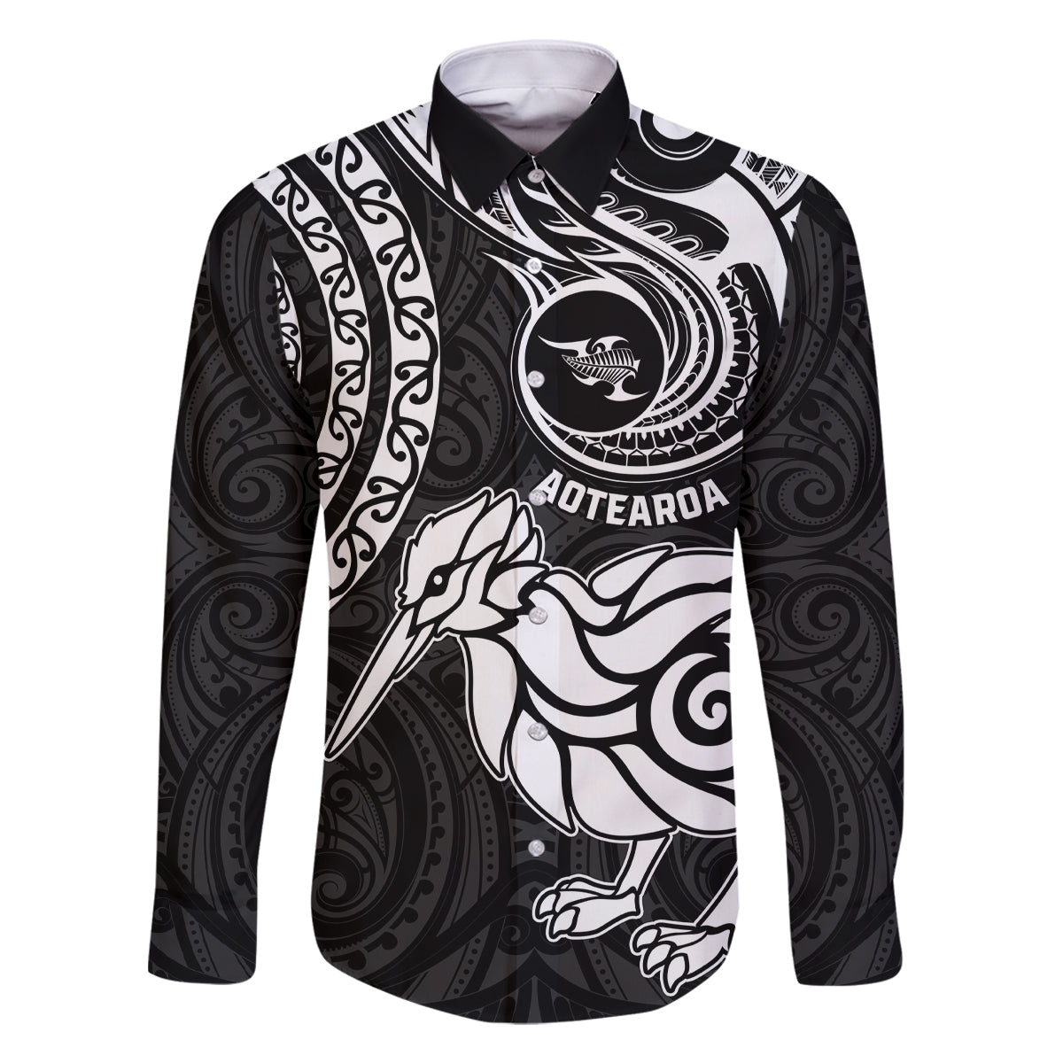 New Zealand Family Matching Off Shoulder Short Dress and Hawaiian Shirt Stylized Kiwi Bird Tattoo Mix Koru Circle and Maori Ethnic Vibe LT03 Dad's Shirt - Long Sleeve Black - Polynesian Pride