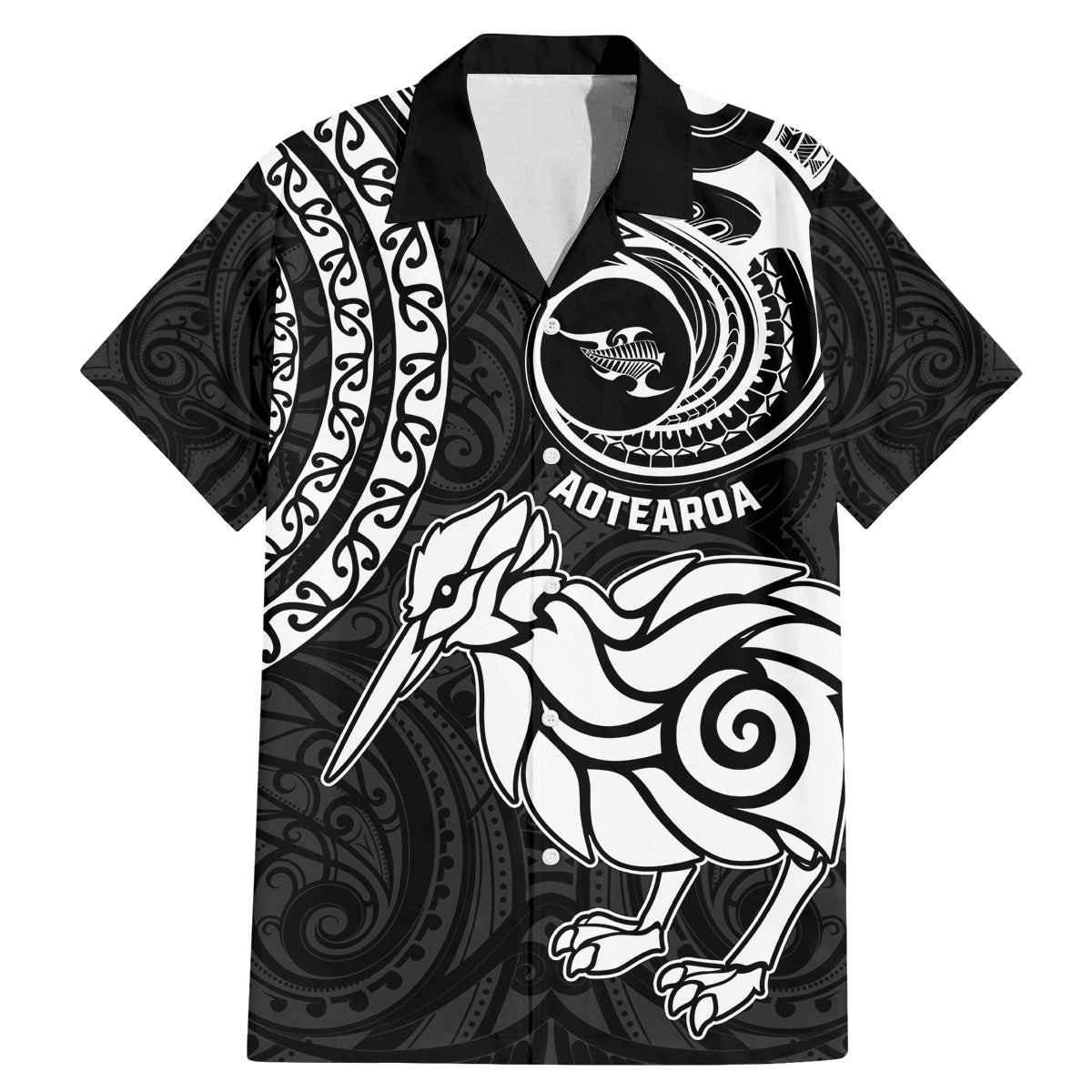 Personalised New Zealand Family Matching Mermaid Dress and Hawaiian Shirt Stylized Kiwi Bird Tattoo Mix Koru Circle and Maori Ethnic Vibe LT03 Dad's Shirt - Short Sleeve Black - Polynesian Pride