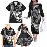 Personalised New Zealand Family Matching Off Shoulder Long Sleeve Dress and Hawaiian Shirt Stylized Kiwi Bird Tattoo Mix Koru Circle and Maori Ethnic Vibe LT03 - Polynesian Pride