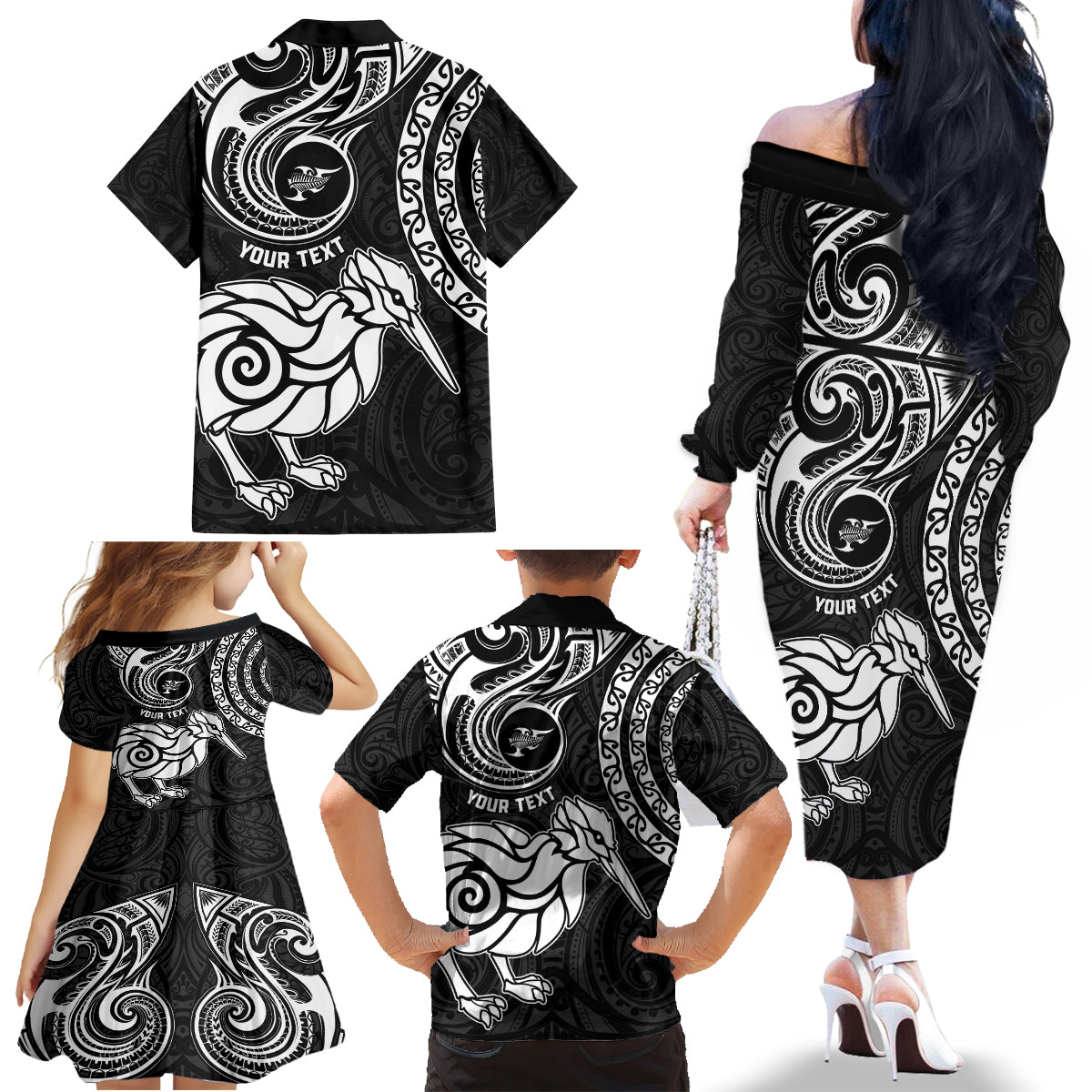 Personalised New Zealand Family Matching Off Shoulder Long Sleeve Dress and Hawaiian Shirt Stylized Kiwi Bird Tattoo Mix Koru Circle and Maori Ethnic Vibe LT03 - Polynesian Pride