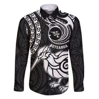 Personalised New Zealand Family Matching Off Shoulder Maxi Dress and Hawaiian Shirt Stylized Kiwi Bird Tattoo Mix Koru Circle and Maori Ethnic Vibe LT03 Dad's Shirt - Long Sleeve Black - Polynesian Pride