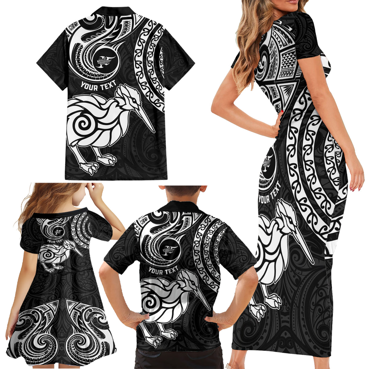 Personalised New Zealand Family Matching Short Sleeve Bodycon Dress and Hawaiian Shirt Stylized Kiwi Bird Tattoo Mix Koru Circle and Maori Ethnic Vibe LT03 - Polynesian Pride