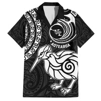 Personalised New Zealand Family Matching Tank Maxi Dress and Hawaiian Shirt Stylized Kiwi Bird Tattoo Mix Koru Circle and Maori Ethnic Vibe LT03 Dad's Shirt - Short Sleeve Black - Polynesian Pride
