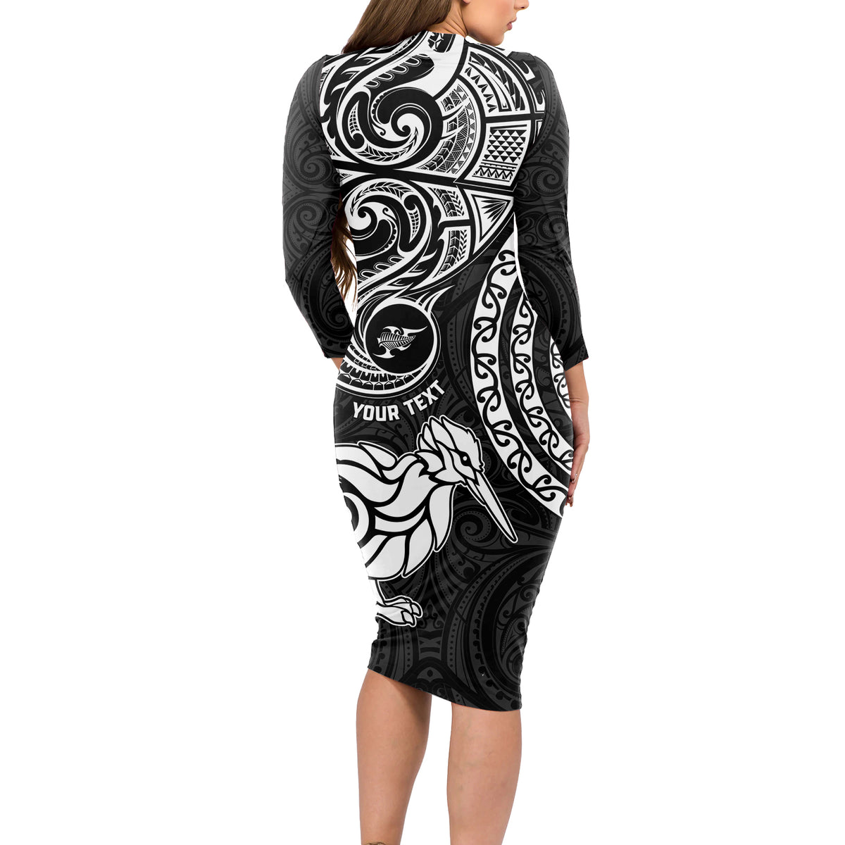 Personalised New Zealand Long Sleeve Bodycon Dress Stylized Kiwi Bird Tattoo Mix Koru Circle and Maori Ethnic Vibe LT03 - Polynesian Pride