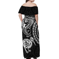 Personalised New Zealand Off Shoulder Maxi Dress Stylized Kiwi Bird Tattoo Mix Koru Circle and Maori Ethnic Vibe LT03 - Polynesian Pride