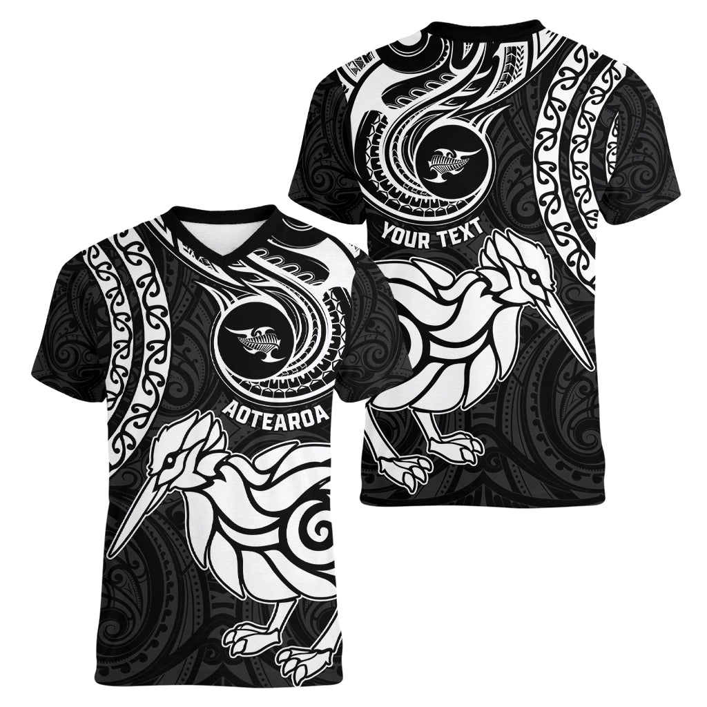 Personalised New Zealand Women V Neck T Shirt Stylized Kiwi Bird Tattoo Mix Koru Circle and Maori Ethnic Vibe LT03 - Polynesian Pride