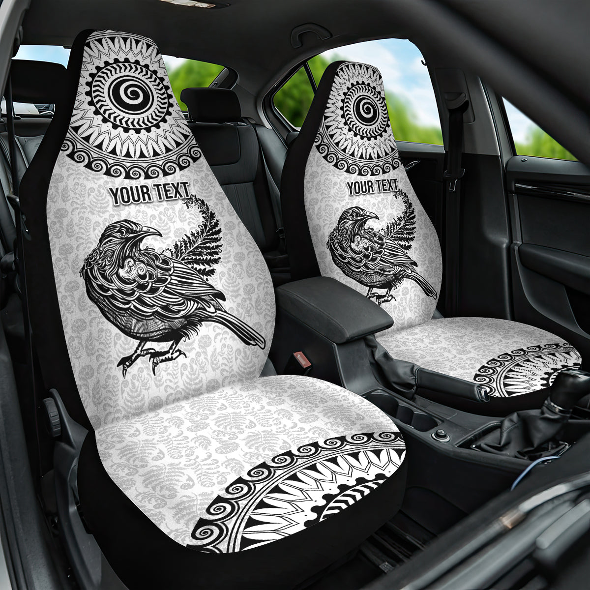 Custom New Zealand Car Seat Cover Tui Bird and Koru Circle Mix Silver Fern Pattern LT03 One Size White - Polynesian Pride