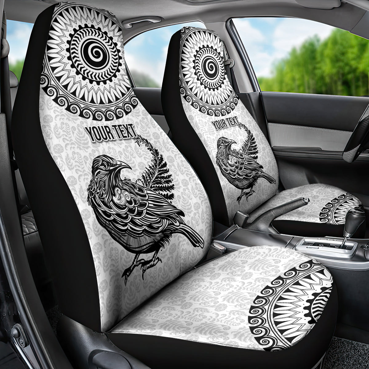 Custom New Zealand Car Seat Cover Tui Bird and Koru Circle Mix Silver Fern Pattern LT03 - Polynesian Pride