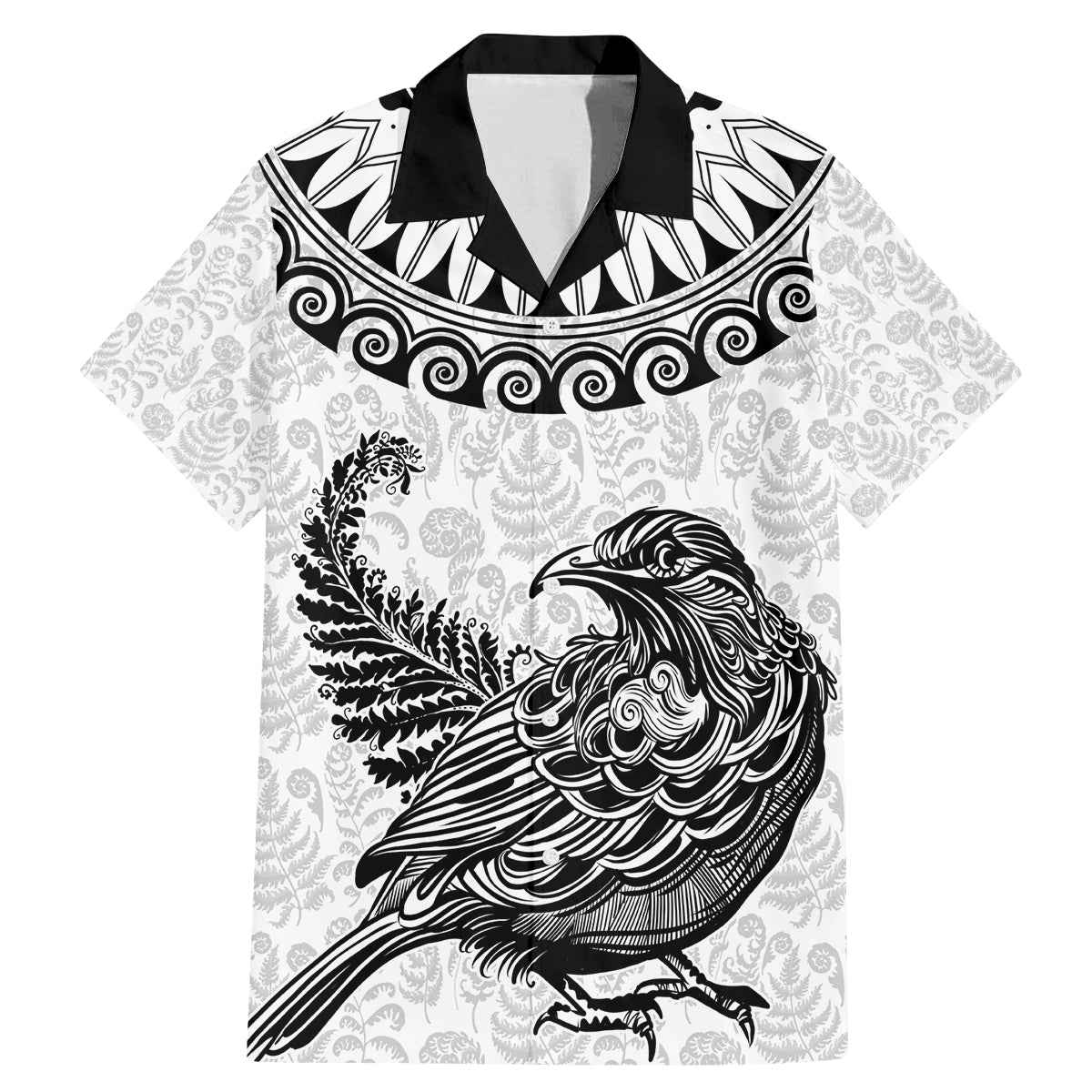Custom New Zealand Family Matching Mermaid Dress and Hawaiian Shirt Tui Bird and Koru Circle Mix Silver Fern Pattern LT03 Dad's Shirt - Short Sleeve White - Polynesian Pride