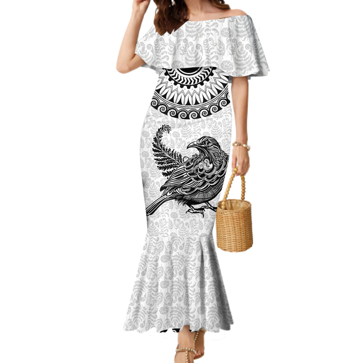 Custom New Zealand Family Matching Mermaid Dress and Hawaiian Shirt Tui Bird and Koru Circle Mix Silver Fern Pattern LT03 Mom's Dress White - Polynesian Pride