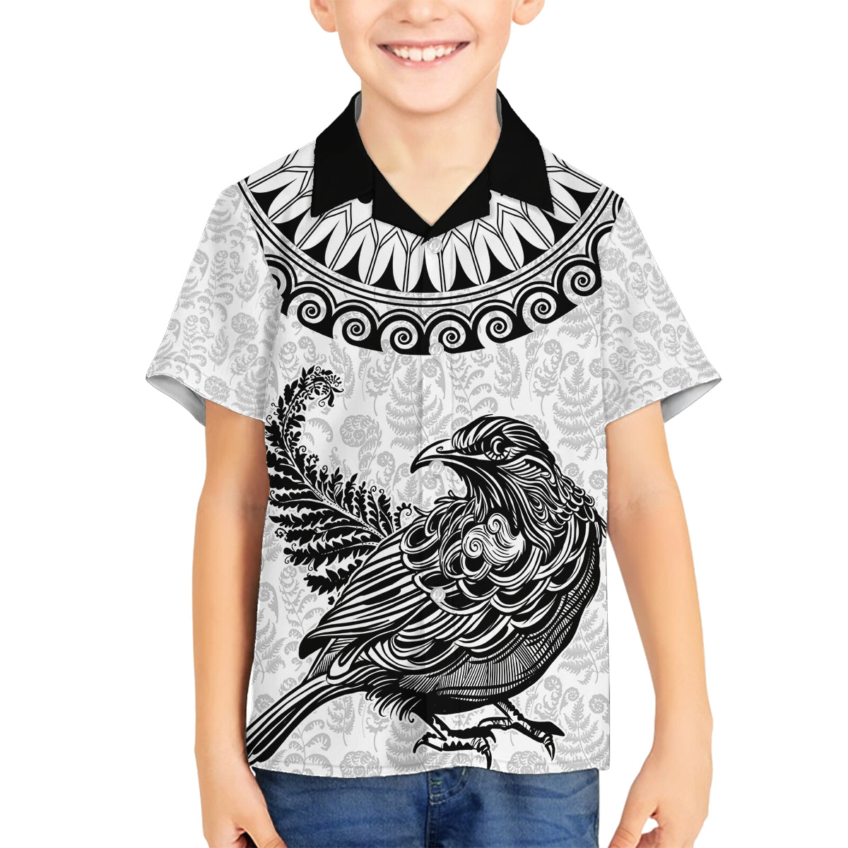 Custom New Zealand Family Matching Off Shoulder Maxi Dress and Hawaiian Shirt Tui Bird and Koru Circle Mix Silver Fern Pattern LT03 Son's Shirt White - Polynesian Pride