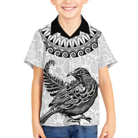 Custom New Zealand Family Matching Puletasi Dress and Hawaiian Shirt Tui Bird and Koru Circle Mix Silver Fern Pattern LT03 Son's Shirt White - Polynesian Pride