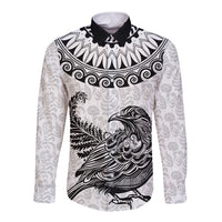 Custom New Zealand Long Sleeve Button Shirt Tui Bird and Koru Circle Mix Silver Fern Pattern LT03 Unisex White - Polynesian Pride