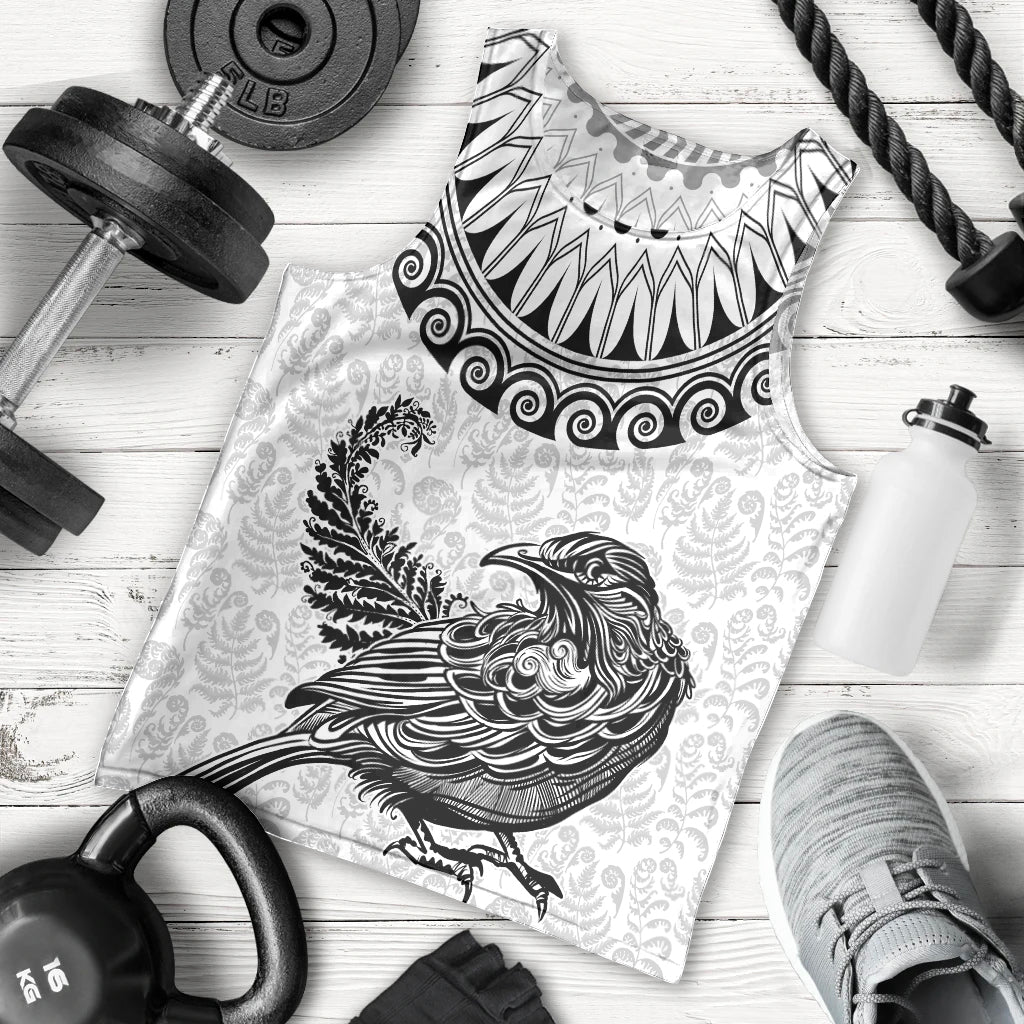 Custom New Zealand Men Tank Top Tui Bird and Koru Circle Mix Silver Fern Pattern LT03 - Polynesian Pride