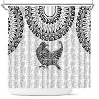 Custom New Zealand Shower Curtain Tui Bird and Koru Circle Mix Silver Fern Pattern LT03 White - Polynesian Pride
