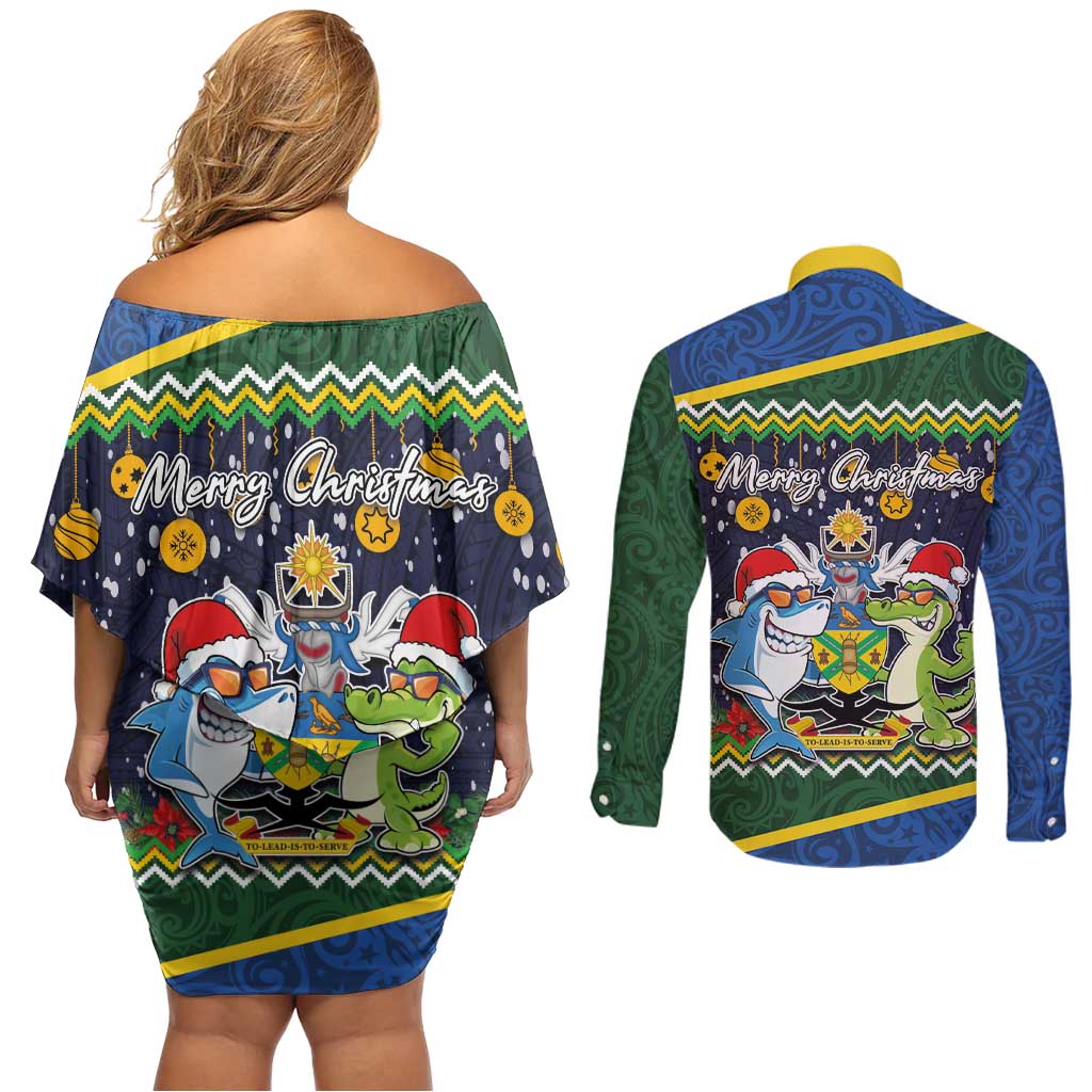 Funny Crocodile and Shark Solomon Islands Christmas Couples Matching Off Shoulder Short Dress and Long Sleeve Button Shirt with National Seal Melanesian Pattern