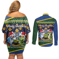 Funny Crocodile and Shark Solomon Islands Christmas Couples Matching Off Shoulder Short Dress and Long Sleeve Button Shirt with National Seal Melanesian Pattern