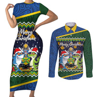 Funny Crocodile and Shark Solomon Islands Christmas Couples Matching Short Sleeve Bodycon Dress and Long Sleeve Button Shirt with National Seal Melanesian Pattern