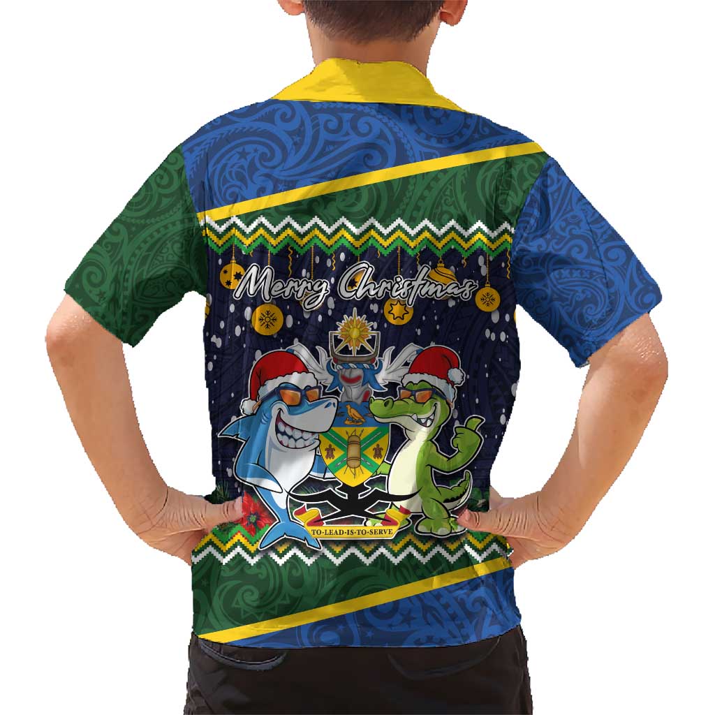 Funny Crocodile and Shark Solomon Islands Christmas Hawaiian Shirt with National Seal Melanesian Pattern