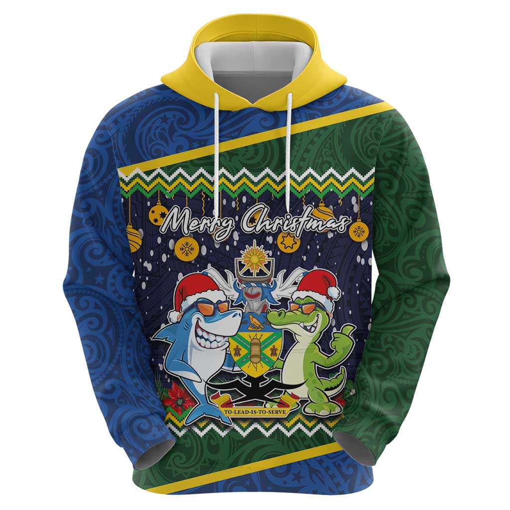 Funny Crocodile and Shark Solomon Islands Christmas Hoodie with National Seal Melanesian Pattern