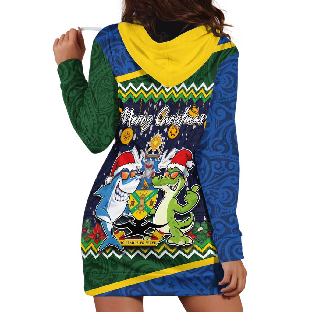 Funny Crocodile and Shark Solomon Islands Christmas Hoodie Dress with National Seal Melanesian Pattern