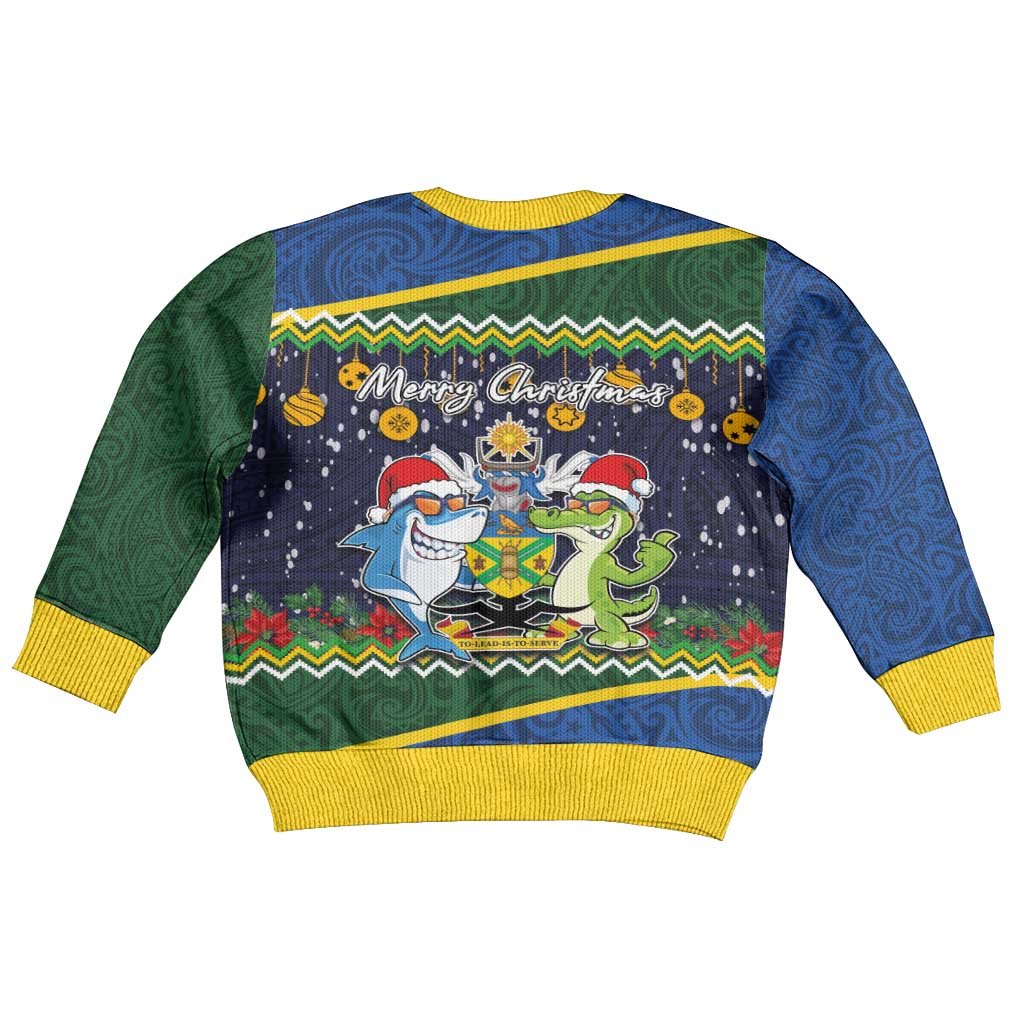 Solomon Islands Christmas Kid Ugly Christmas Sweater Funny Xmas Crocodile and Shark with National Seal Melanesian Pattern