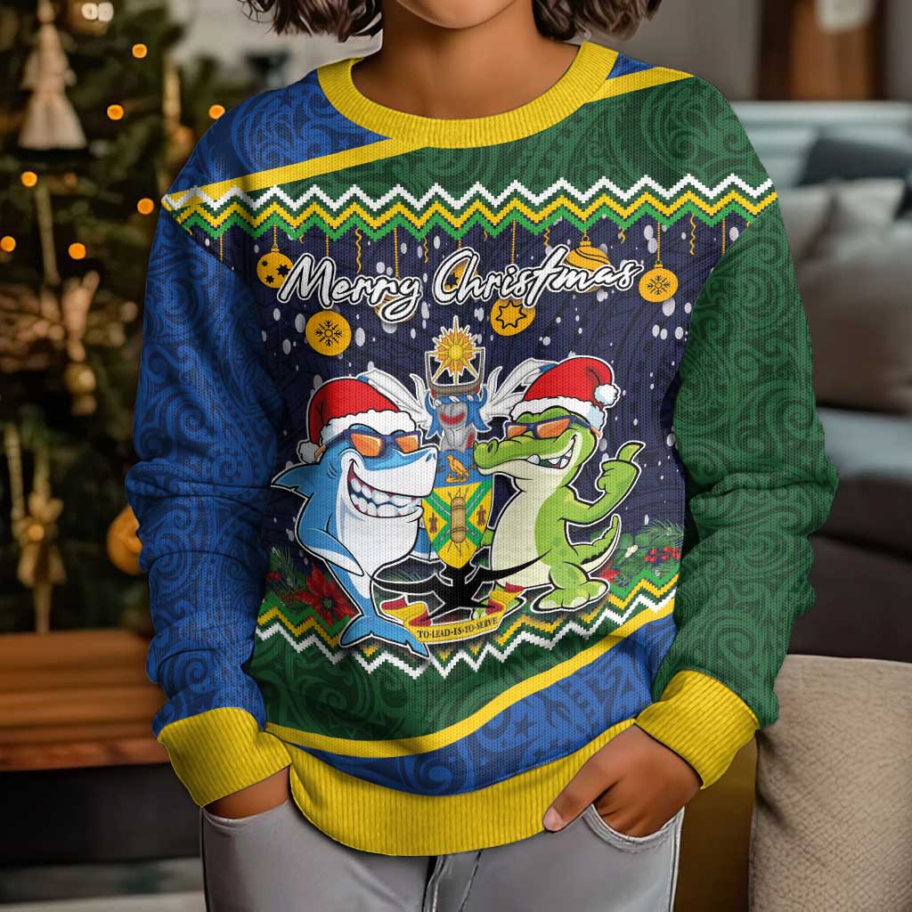 Solomon Islands Christmas Kid Ugly Christmas Sweater Funny Xmas Crocodile and Shark with National Seal Melanesian Pattern