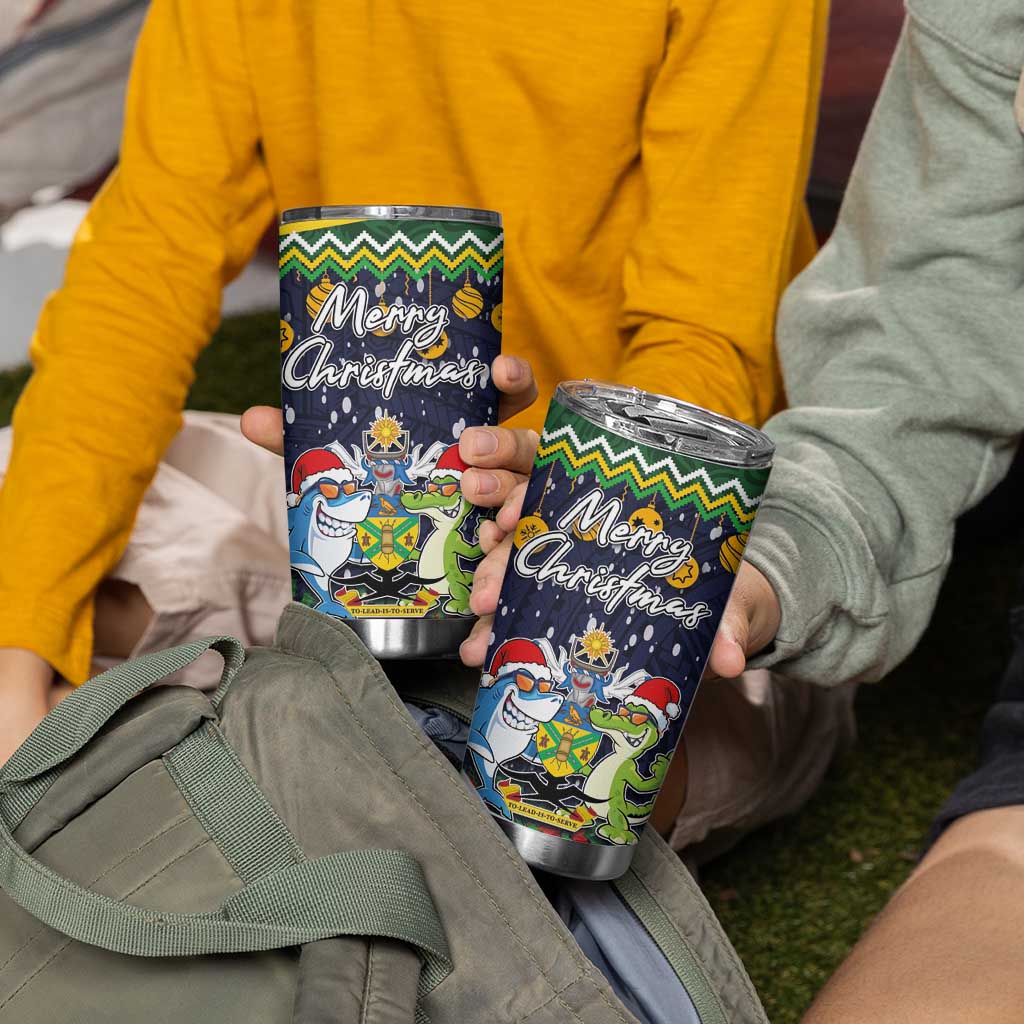 Funny Crocodile and Shark Solomon Islands Christmas Tumbler Cup with National Seal Melanesian Pattern