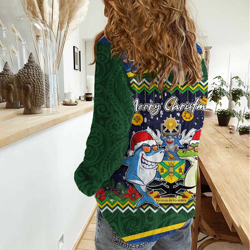 Funny Crocodile and Shark Solomon Islands Christmas Women Casual Shirt with National Seal Melanesian Pattern